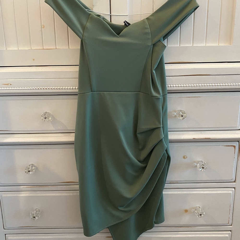 cute off the shoulder green dress!
